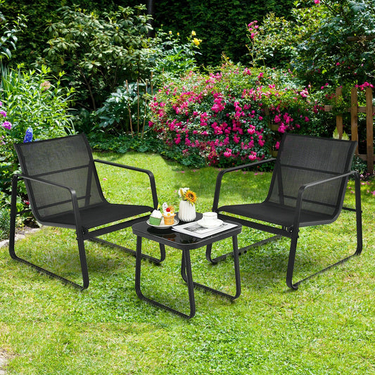 3 Pieces Patio Bistro Furniture Set with Glass Top Table Garden Deck-Black - Tampa Home & Garden Store