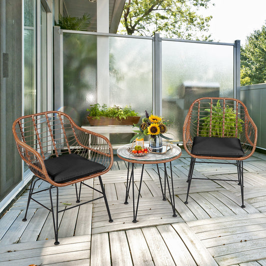 3 Pieces Patio Rattan Bistro Set with Cushion-Black - Tampa Home & Garden Store