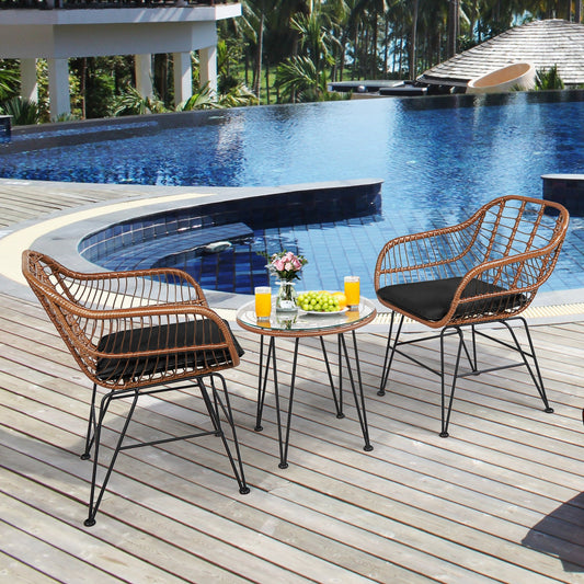 3 Pieces Patio Rattan Bistro Set with Cushion-Black - Tampa Home & Garden Store