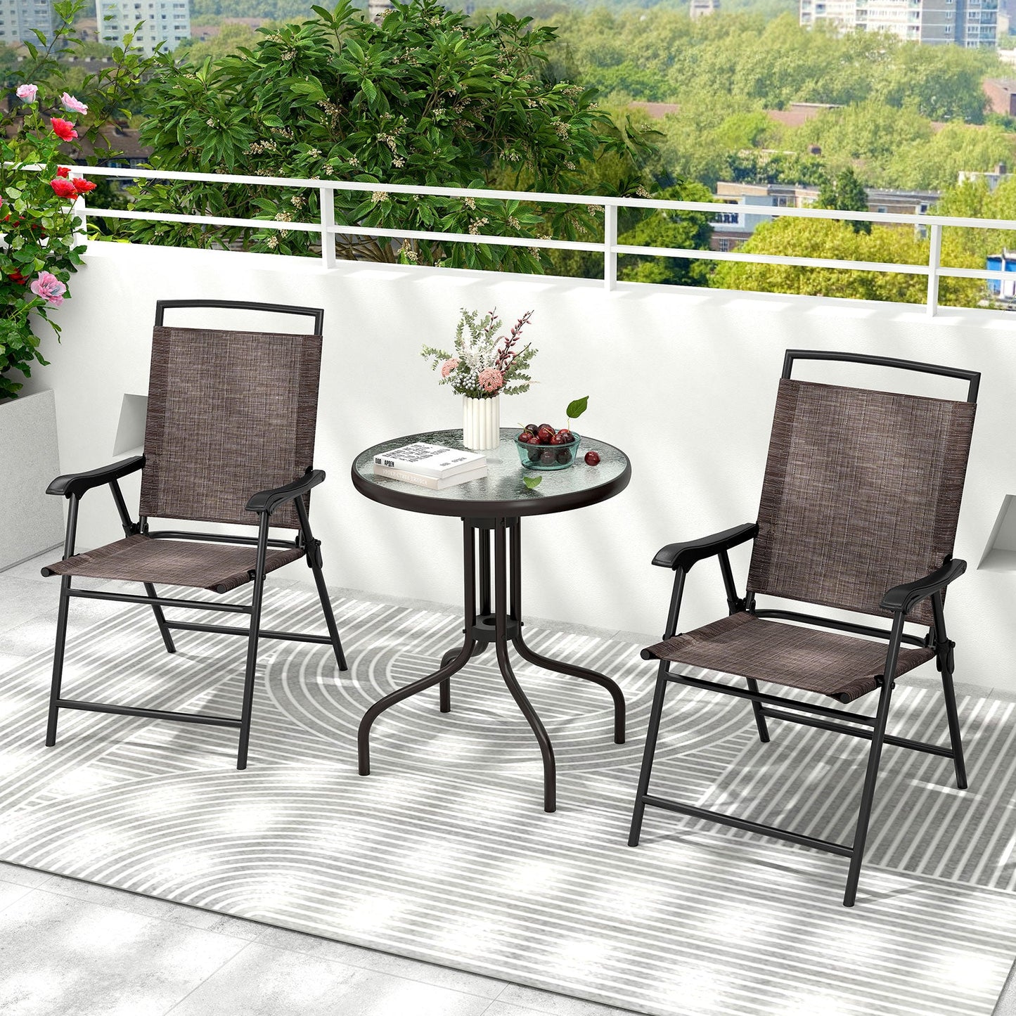 3 Pieces Patio Round Table and Folding Chairs Set with Rippled Tempered Glass Tabletop - Tampa Home & Garden Store