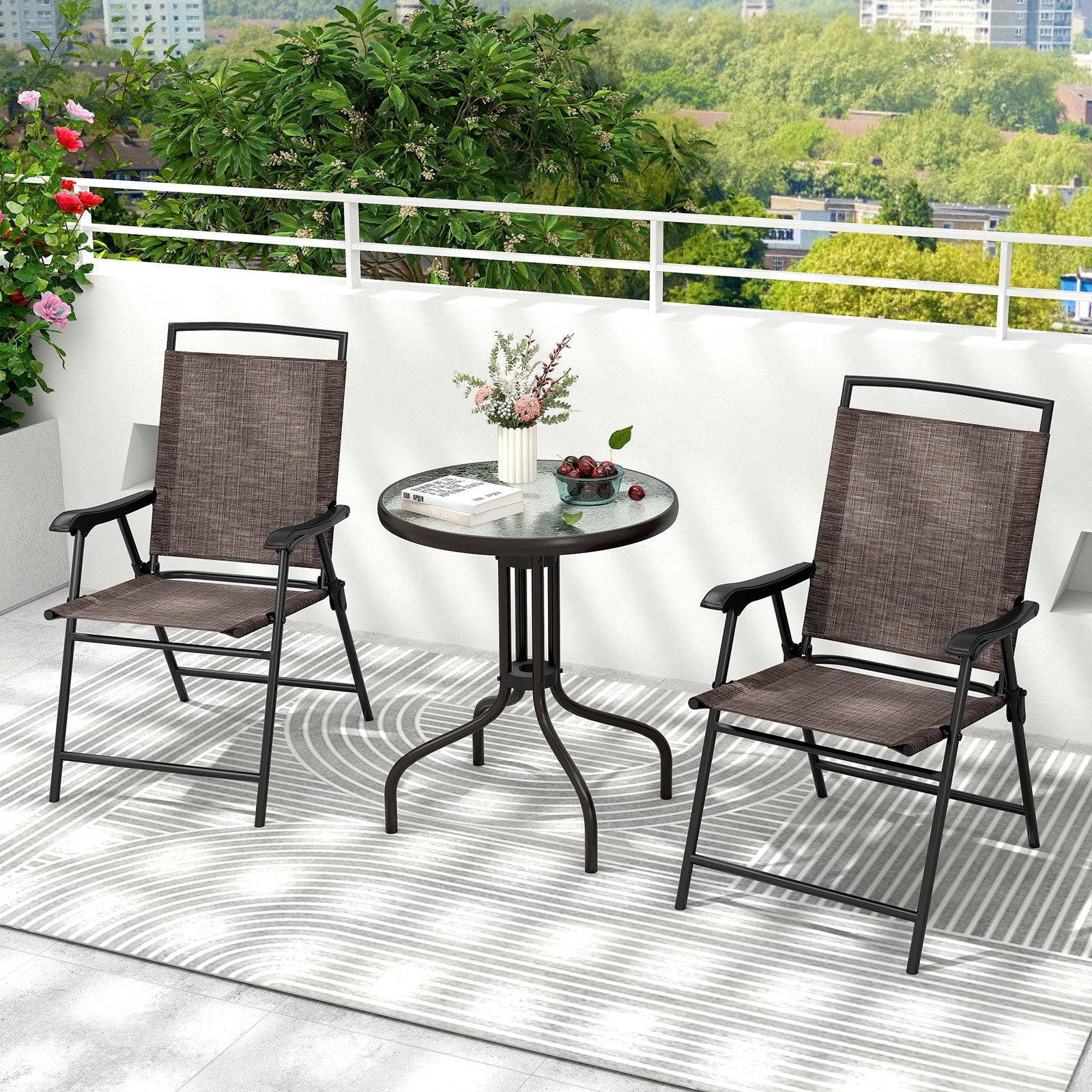 3 Pieces Patio Round Table and Folding Chairs Set with Rippled Tempered Glass Tabletop - Tampa Home & Garden Store