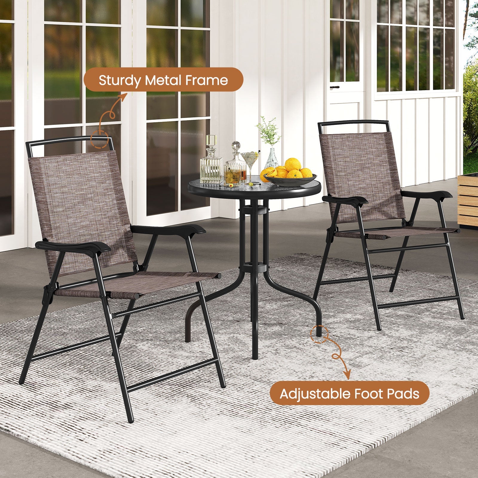 3 Pieces Patio Round Table and Folding Chairs Set with Rippled Tempered Glass Tabletop - Tampa Home & Garden Store