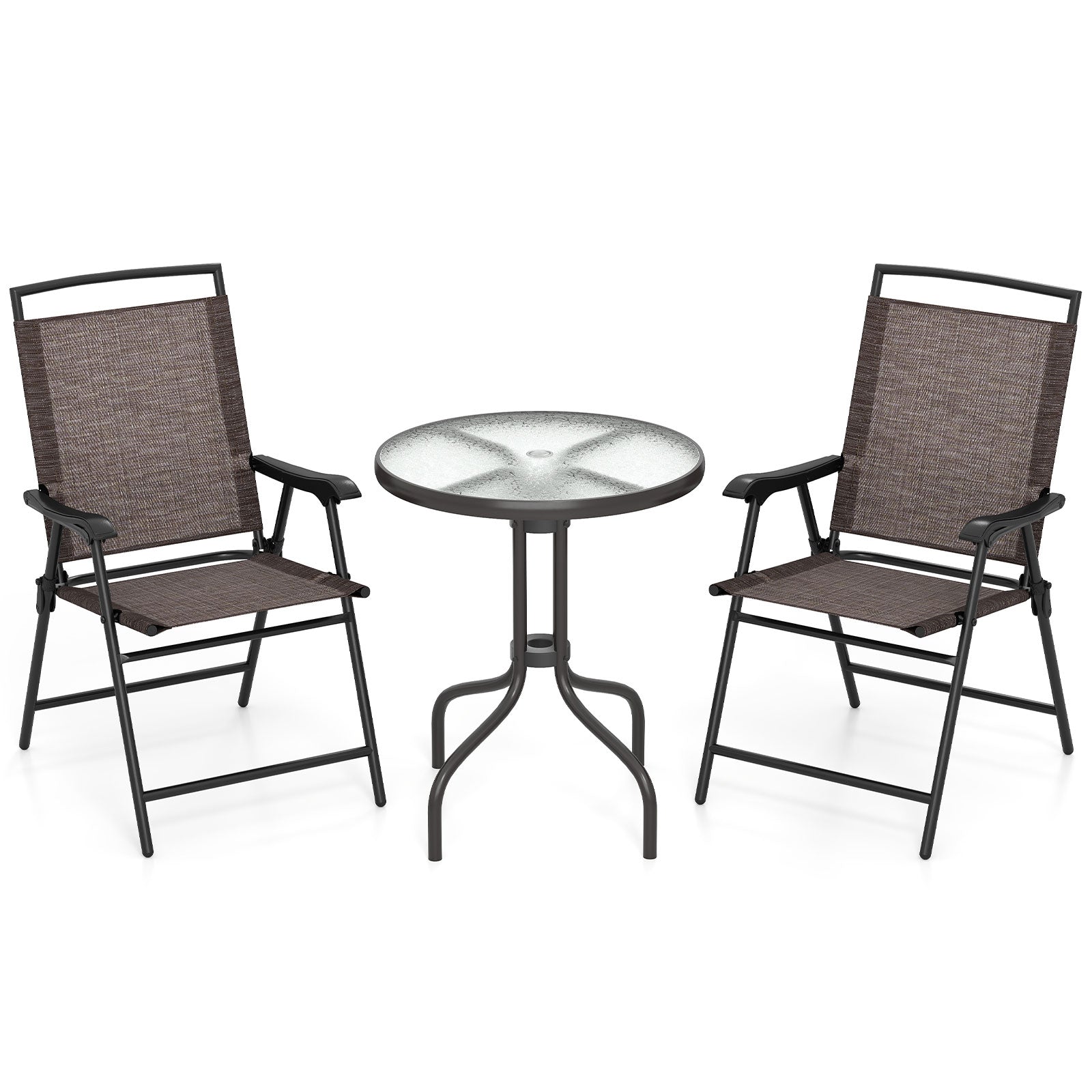 3 Pieces Patio Round Table and Folding Chairs Set with Rippled Tempered Glass Tabletop - Tampa Home & Garden Store