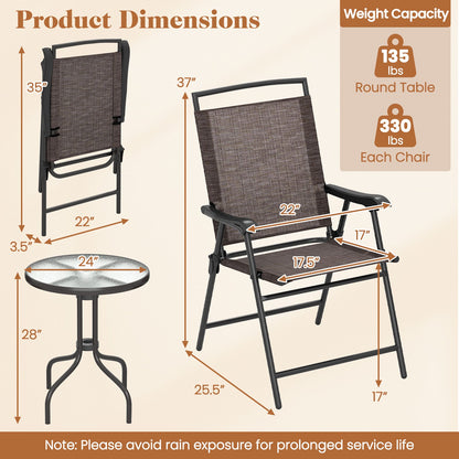 3 Pieces Patio Round Table and Folding Chairs Set with Rippled Tempered Glass Tabletop - Tampa Home & Garden Store