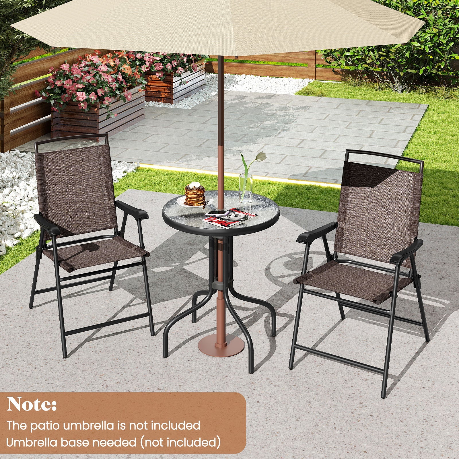 3 Pieces Patio Round Table and Folding Chairs Set with Rippled Tempered Glass Tabletop - Tampa Home & Garden Store