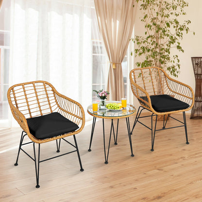 3 Pieces Rattan Furniture Set with Cushioned Chair Table-Black - Tampa Home & Garden Store