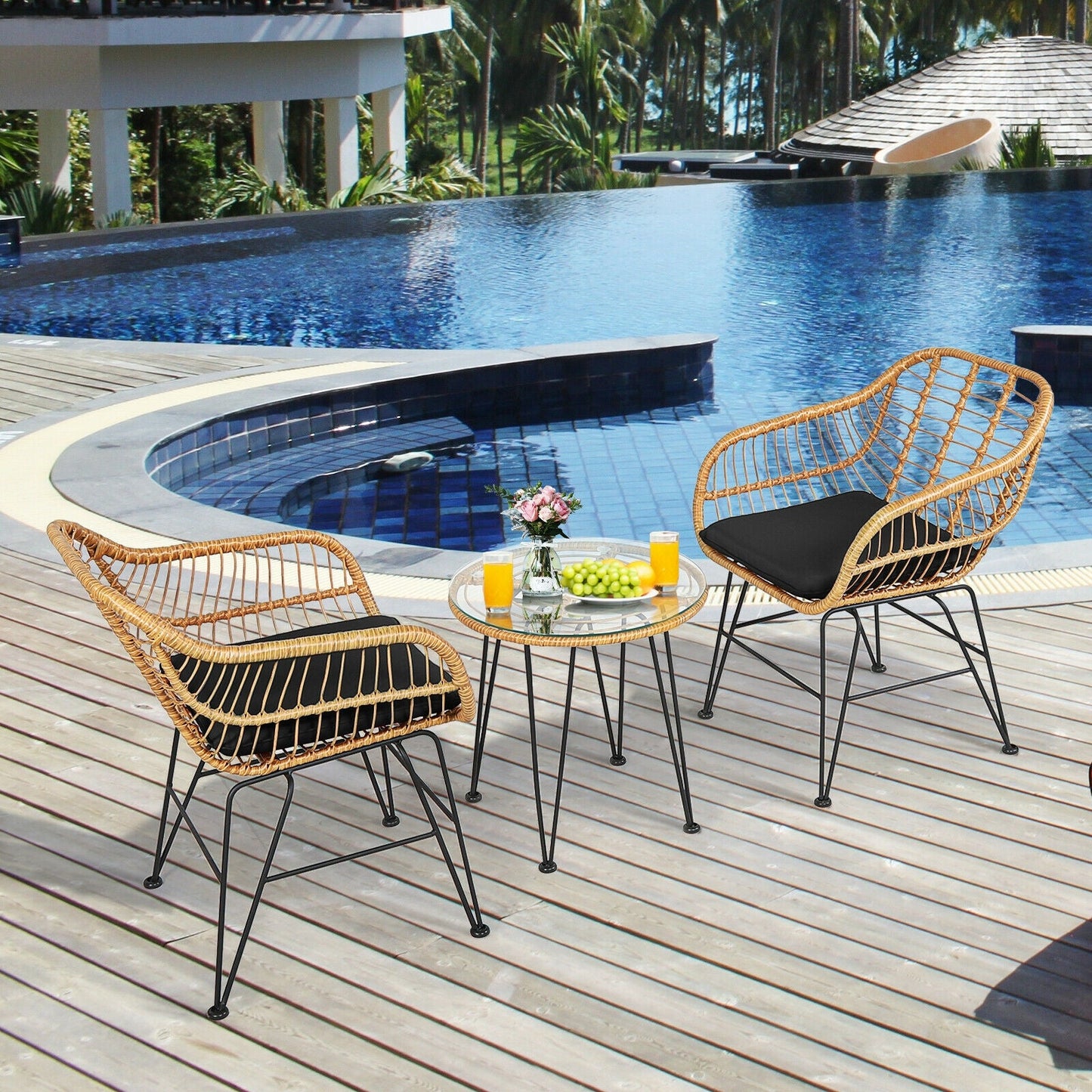 3 Pieces Rattan Furniture Set with Cushioned Chair Table-Black - Tampa Home & Garden Store