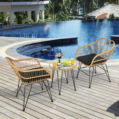 3 Pieces Rattan Furniture Set with Cushioned Chair Table-Black - Tampa Home & Garden Store