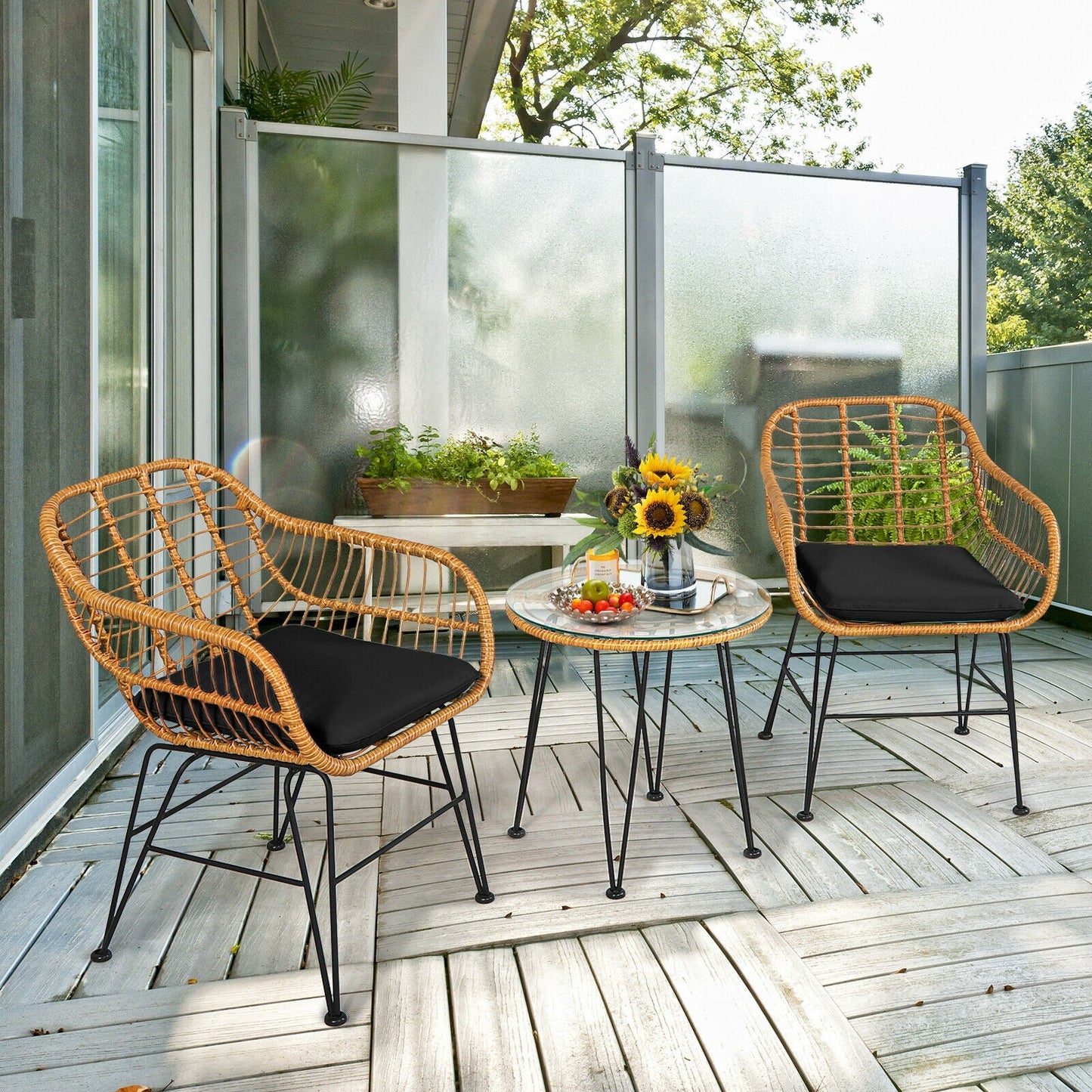 3 Pieces Rattan Furniture Set with Cushioned Chair Table-Black - Tampa Home & Garden Store