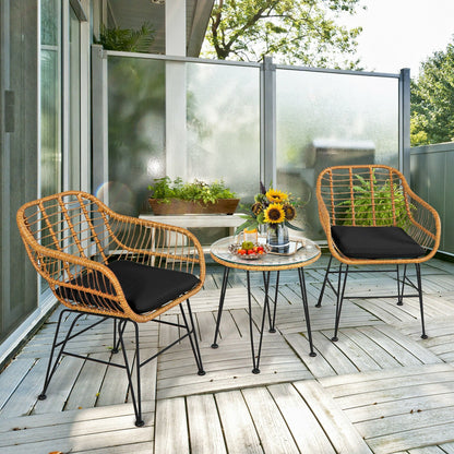 3 Pieces Rattan Furniture Set with Cushioned Chair Table-Black - Tampa Home & Garden Store