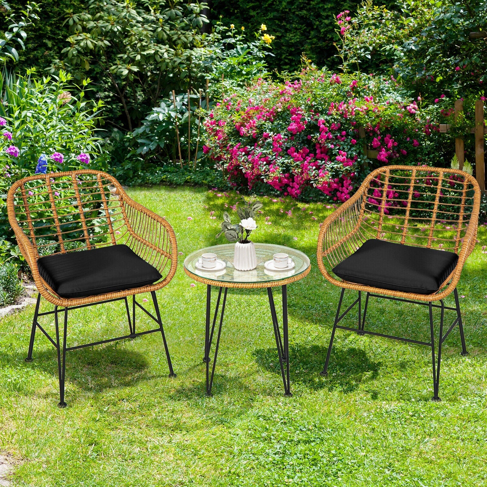 3 Pieces Rattan Furniture Set with Cushioned Chair Table-Black - Tampa Home & Garden Store