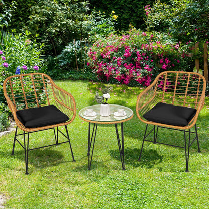 3 Pieces Rattan Furniture Set with Cushioned Chair Table-Black - Tampa Home & Garden Store