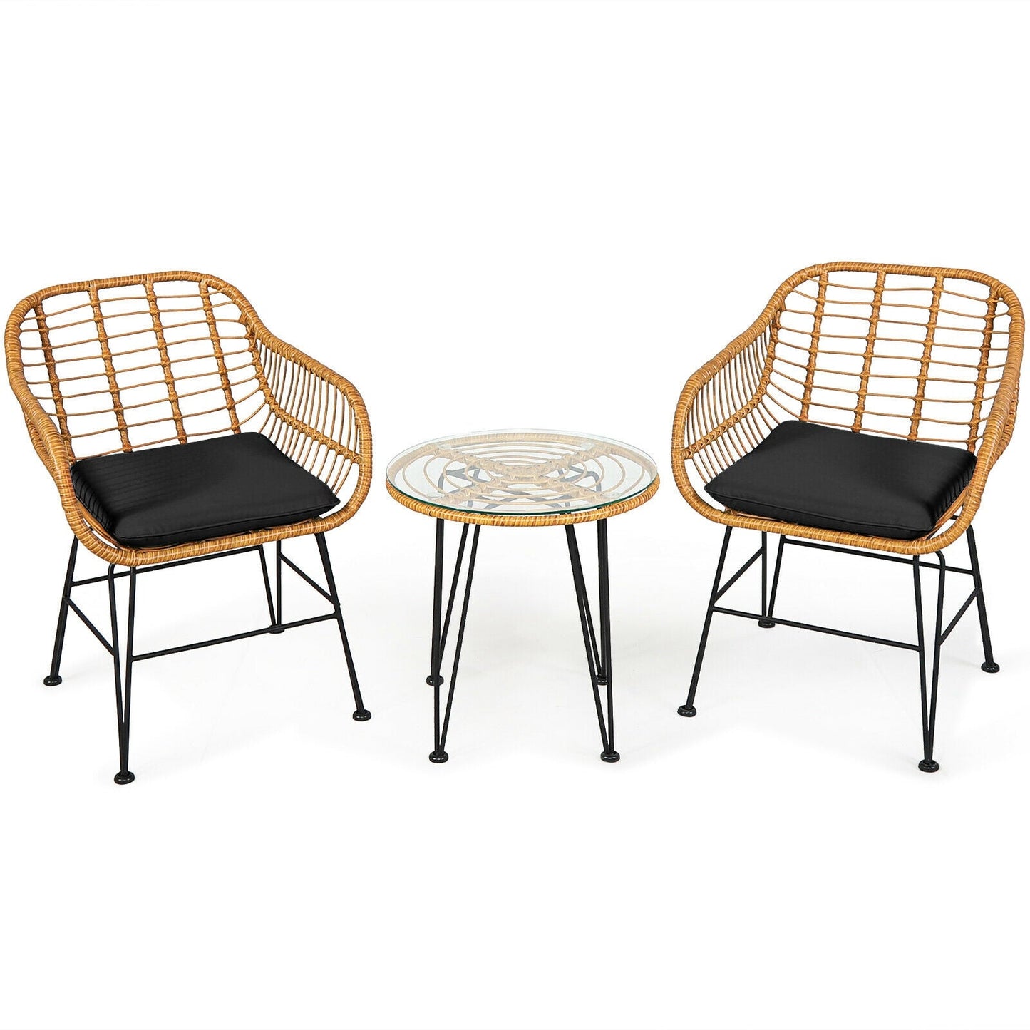 3 Pieces Rattan Furniture Set with Cushioned Chair Table-Black - Tampa Home & Garden Store