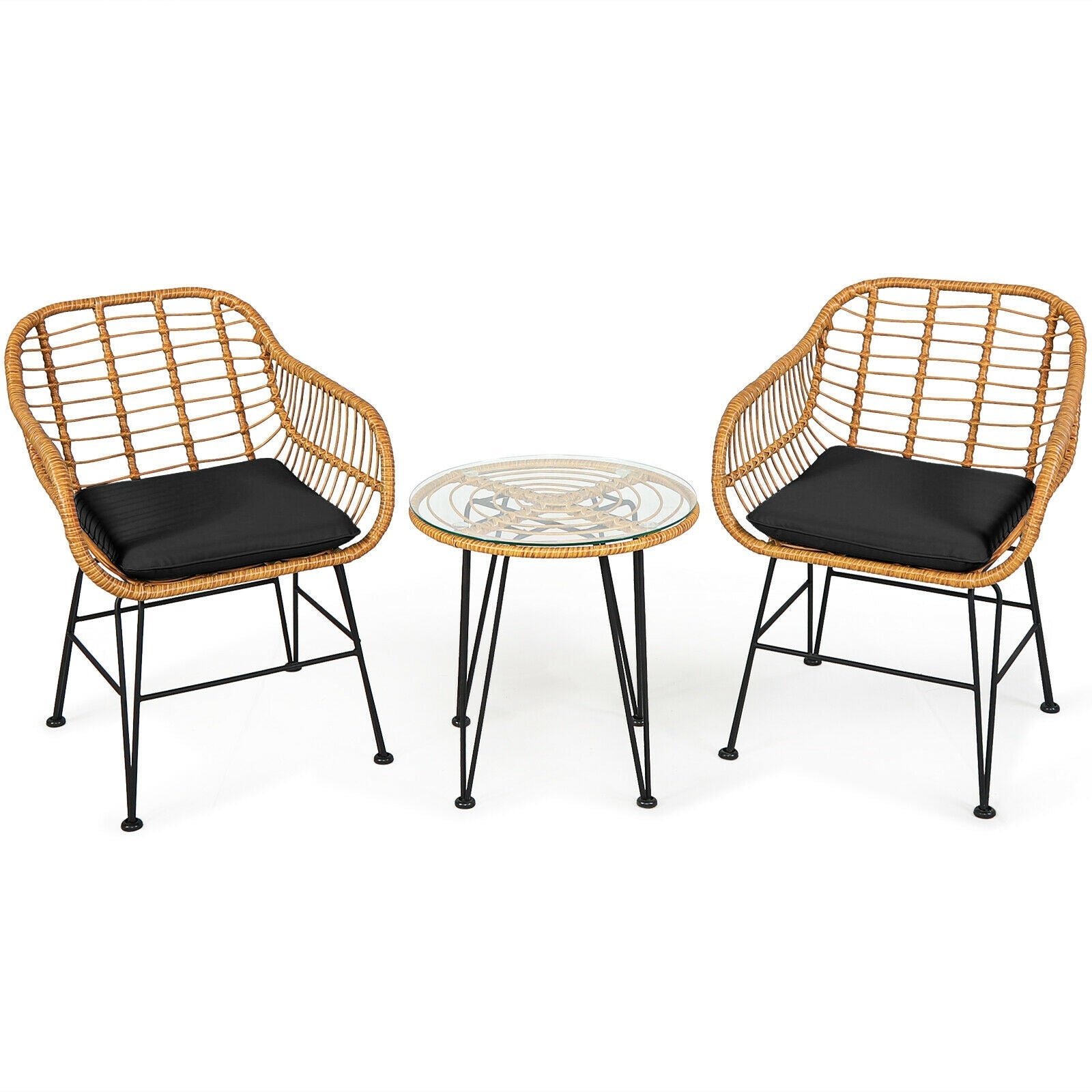 3 Pieces Rattan Furniture Set with Cushioned Chair Table-Black - Tampa Home & Garden Store