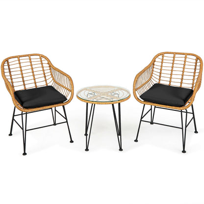 3 Pieces Rattan Furniture Set with Cushioned Chair Table-Black - Tampa Home & Garden Store