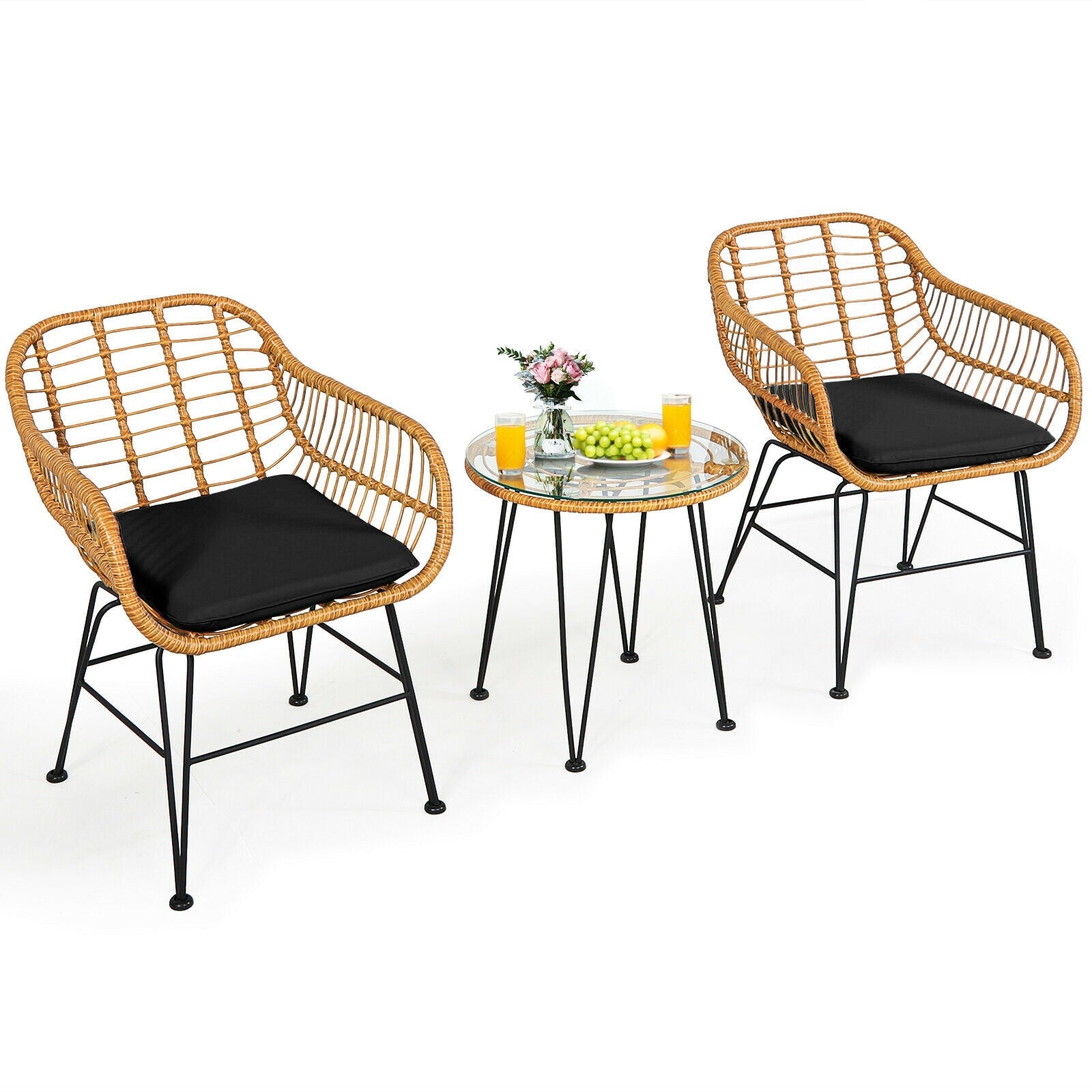 3 Pieces Rattan Furniture Set with Cushioned Chair Table-Black - Tampa Home & Garden Store