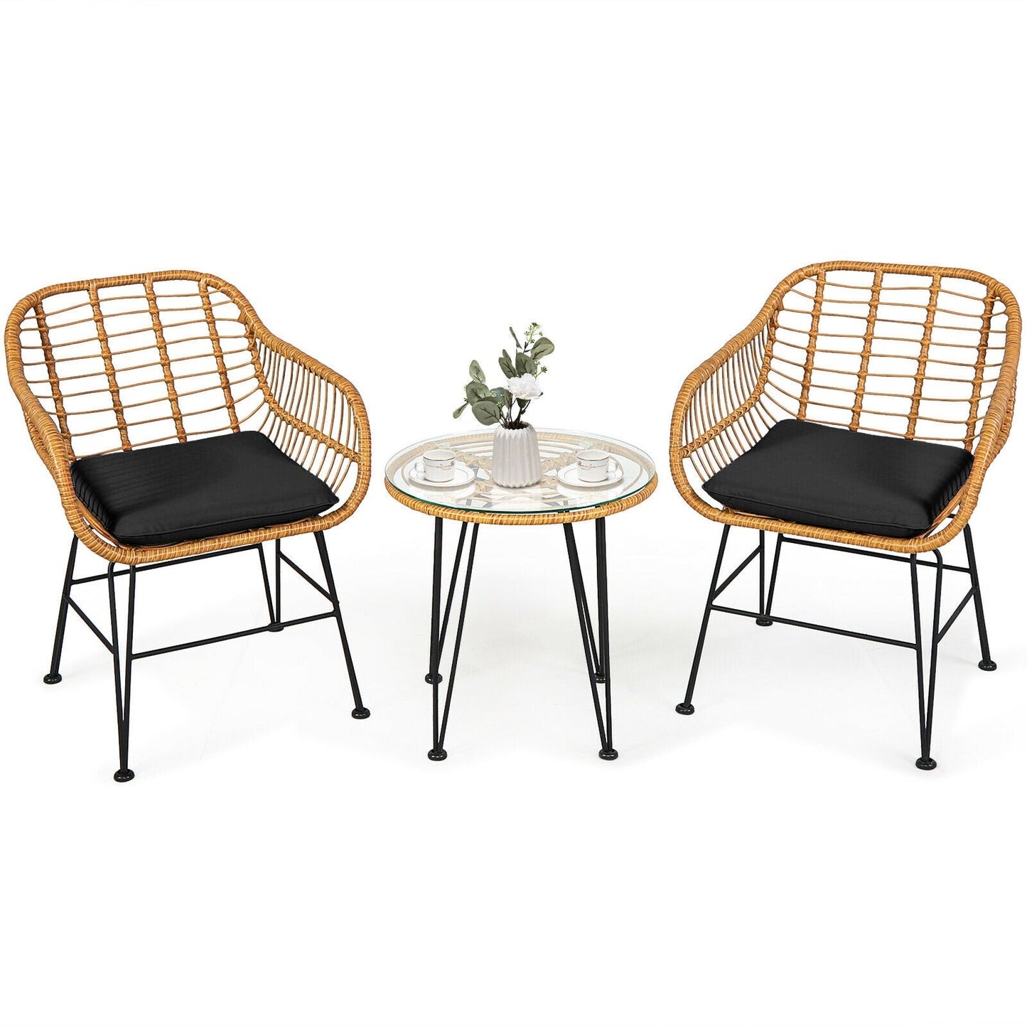 3 Pieces Rattan Furniture Set with Cushioned Chair Table-Black - Tampa Home & Garden Store