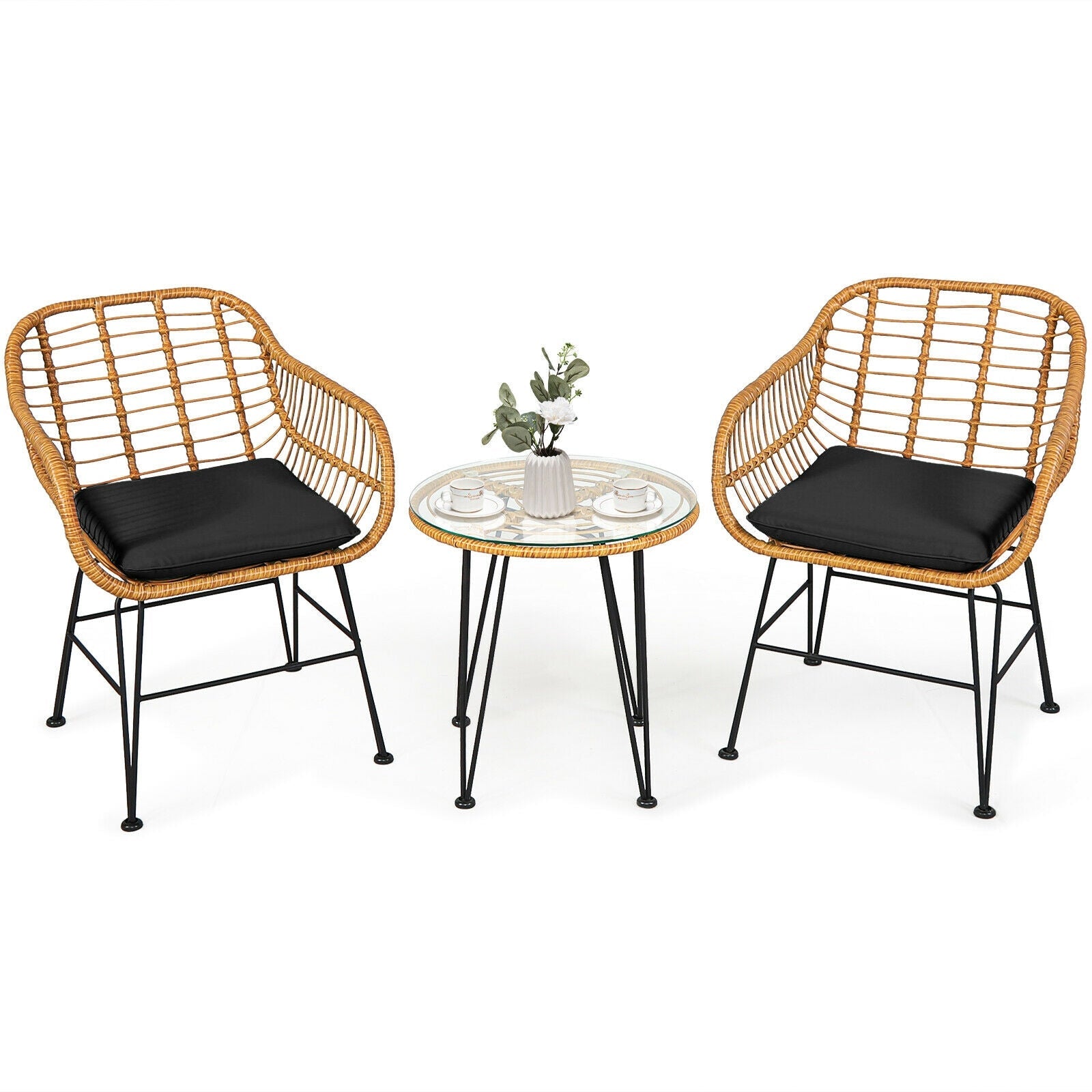 3 Pieces Rattan Furniture Set with Cushioned Chair Table-Black - Tampa Home & Garden Store