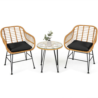 3 Pieces Rattan Furniture Set with Cushioned Chair Table-Black - Tampa Home & Garden Store