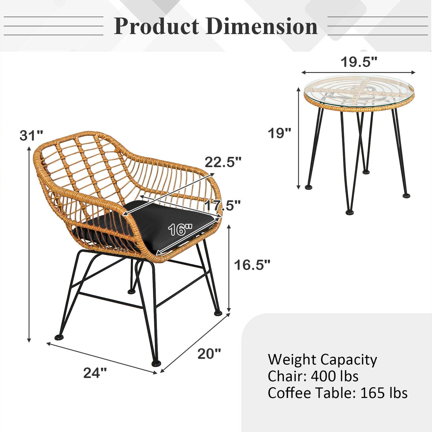 3 Pieces Rattan Furniture Set with Cushioned Chair Table-Black - Tampa Home & Garden Store