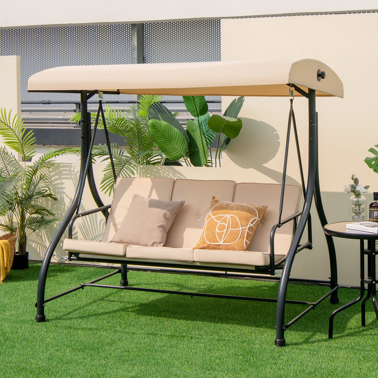 3 Seat Outdoor Porch Swing with Adjustable Canopy-Beige - Tampa Home & Garden Store