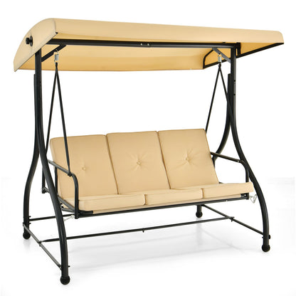 3 Seat Outdoor Porch Swing with Adjustable Canopy-Beige - Tampa Home & Garden Store