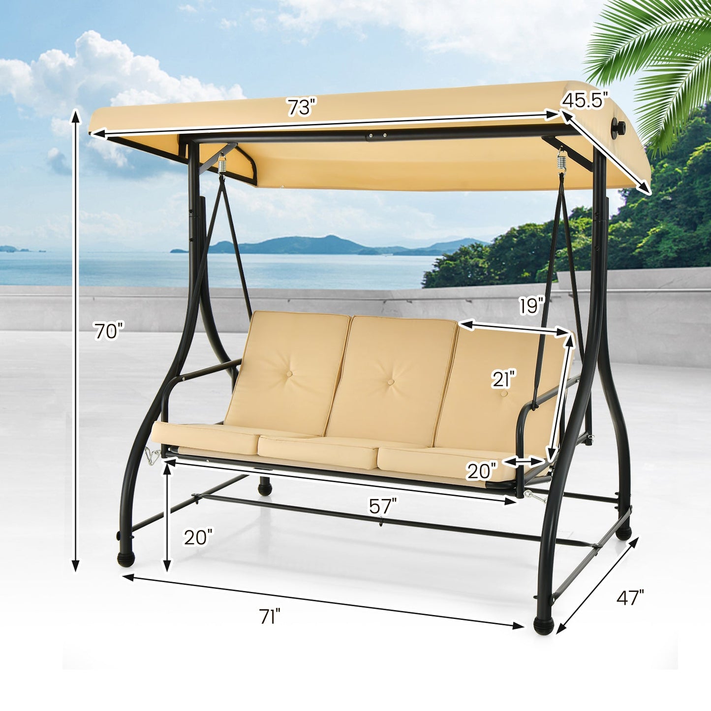 3 Seat Outdoor Porch Swing with Adjustable Canopy-Beige - Tampa Home & Garden Store