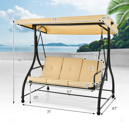 3 Seat Outdoor Porch Swing with Adjustable Canopy-Beige - Tampa Home & Garden Store