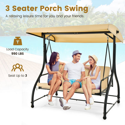 3 Seat Outdoor Porch Swing with Adjustable Canopy-Beige - Tampa Home & Garden Store