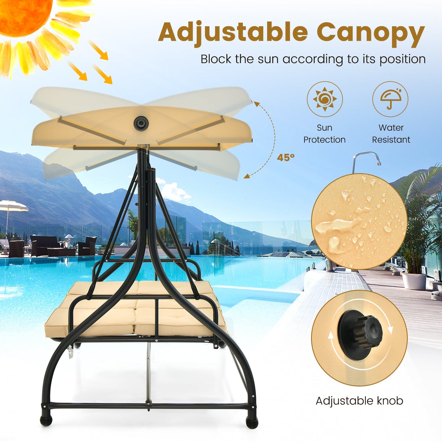 3 Seat Outdoor Porch Swing with Adjustable Canopy-Beige - Tampa Home & Garden Store