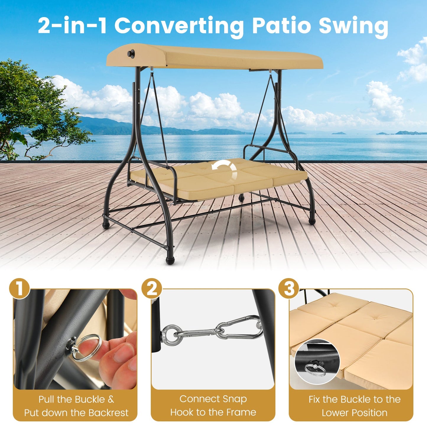 3 Seat Outdoor Porch Swing with Adjustable Canopy-Beige - Tampa Home & Garden Store