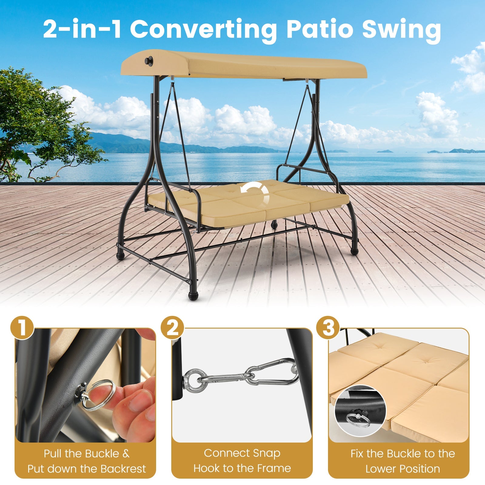 3 Seat Outdoor Porch Swing with Adjustable Canopy-Beige - Tampa Home & Garden Store