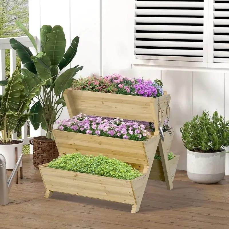3-Tier Outdoor Fir Wood Elevated Planter Herb Flower Box Raised Garden Bed - Tampa Home & Garden Store