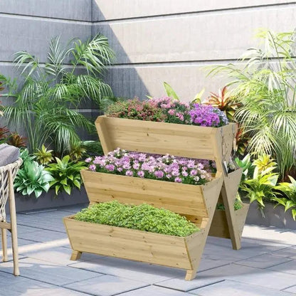 3-Tier Outdoor Fir Wood Elevated Planter Herb Flower Box Raised Garden Bed - Tampa Home & Garden Store