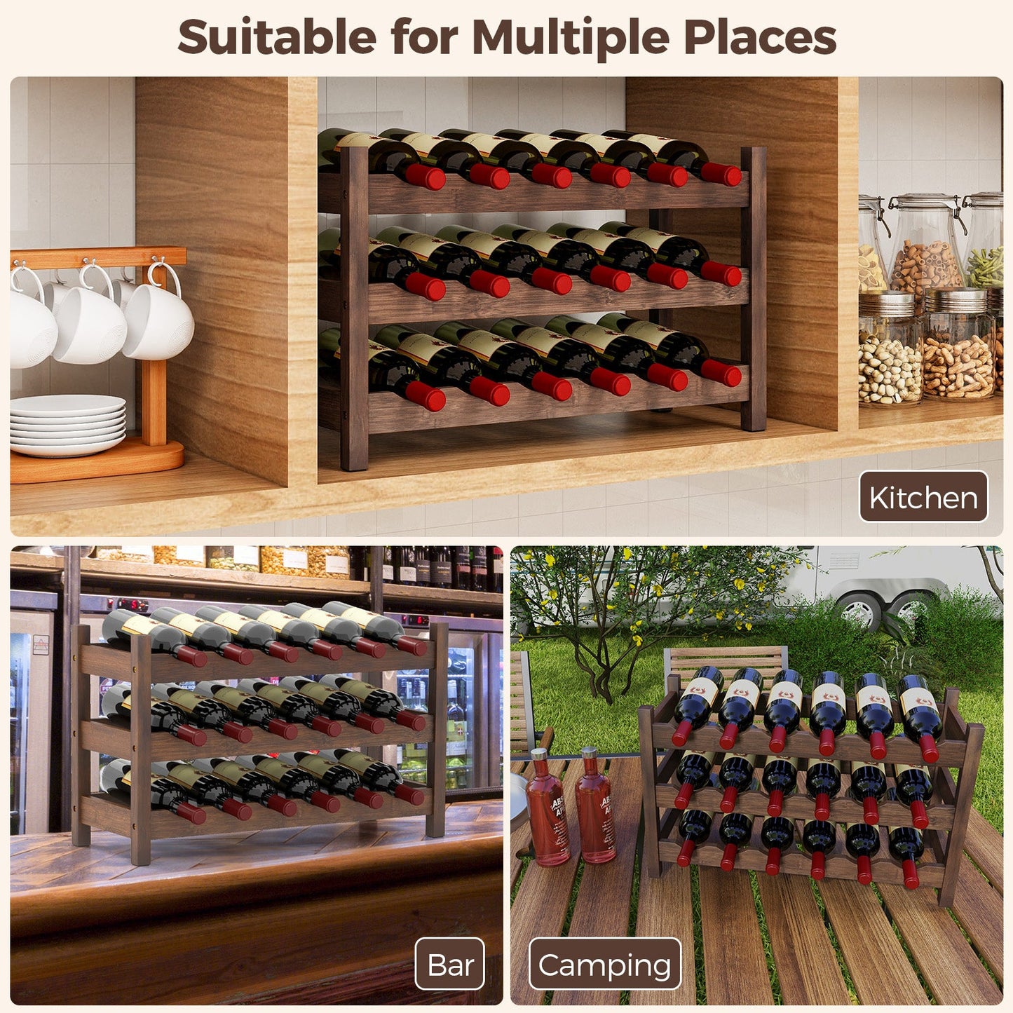 Organizador de botellas de vino de bambú de 3 niveles para encimera-Café