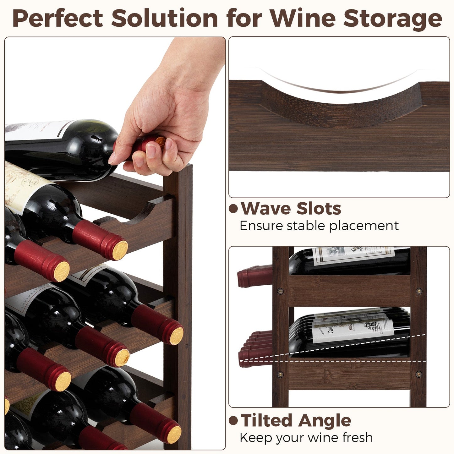 Organizador de botellas de vino de bambú de 3 niveles para encimera-Café
