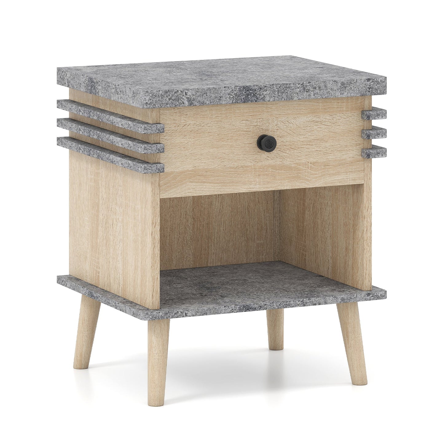 Mesa de Noche de 3 Niveles con Tablero de Mármol Sintético Gris Antiguo - Gris