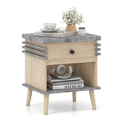 Mesa de Noche de 3 Niveles con Tablero de Mármol Sintético Gris Antiguo - Gris