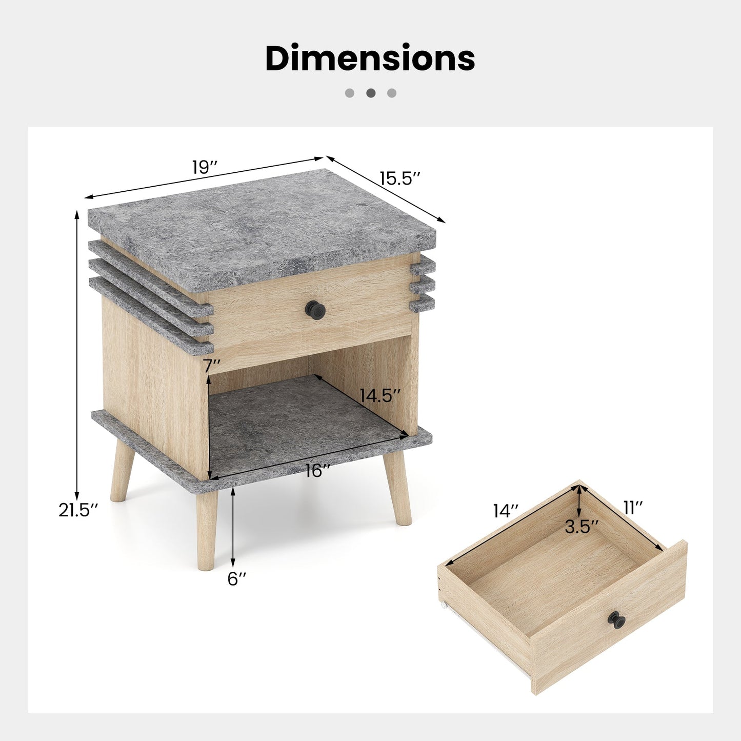 Mesa de Noche de 3 Niveles con Tablero de Mármol Sintético Gris Antiguo - Gris