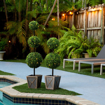 3’ UV Resistant Artificial Double Ball Boxwood Topiary with LED Lights in Decorative Planter (Indoor/Outdoor) - Tampa Home & Garden Store