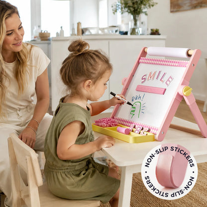 Tiny Land INC Double-Sided Magnetic Tabletop Easel for kids, pink with paper roll and storage tray on Tampa Home & Garden Store