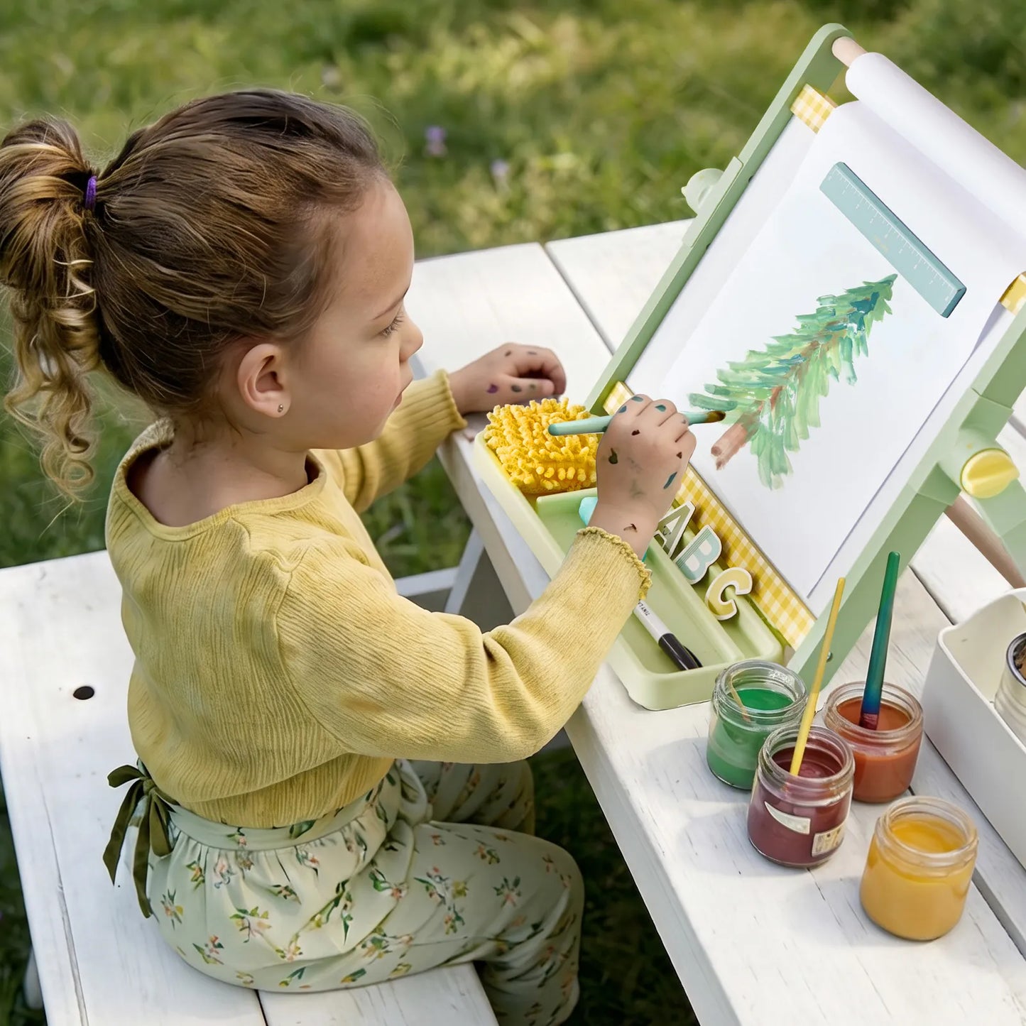 Tiny Land Double-Sided Magnetic Tabletop Easel, green frame with white board, outdoor painting on Tampa Home & Garden Store