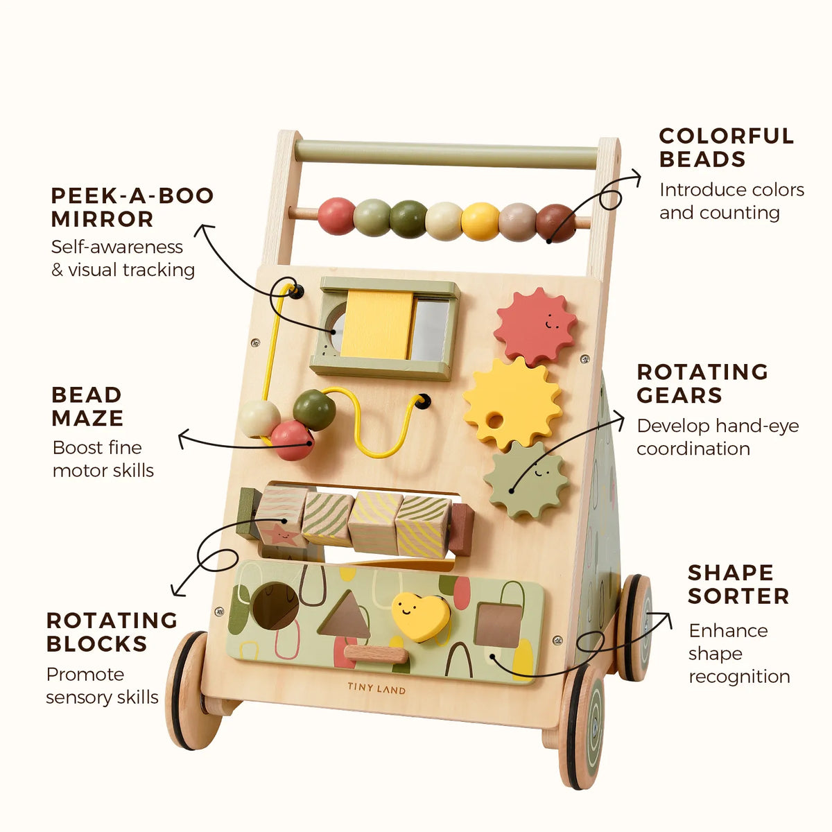 Tiny Land INC Sage Green Wooden Baby Walker with bead maze and color beads on Tampa Home & Garden Store