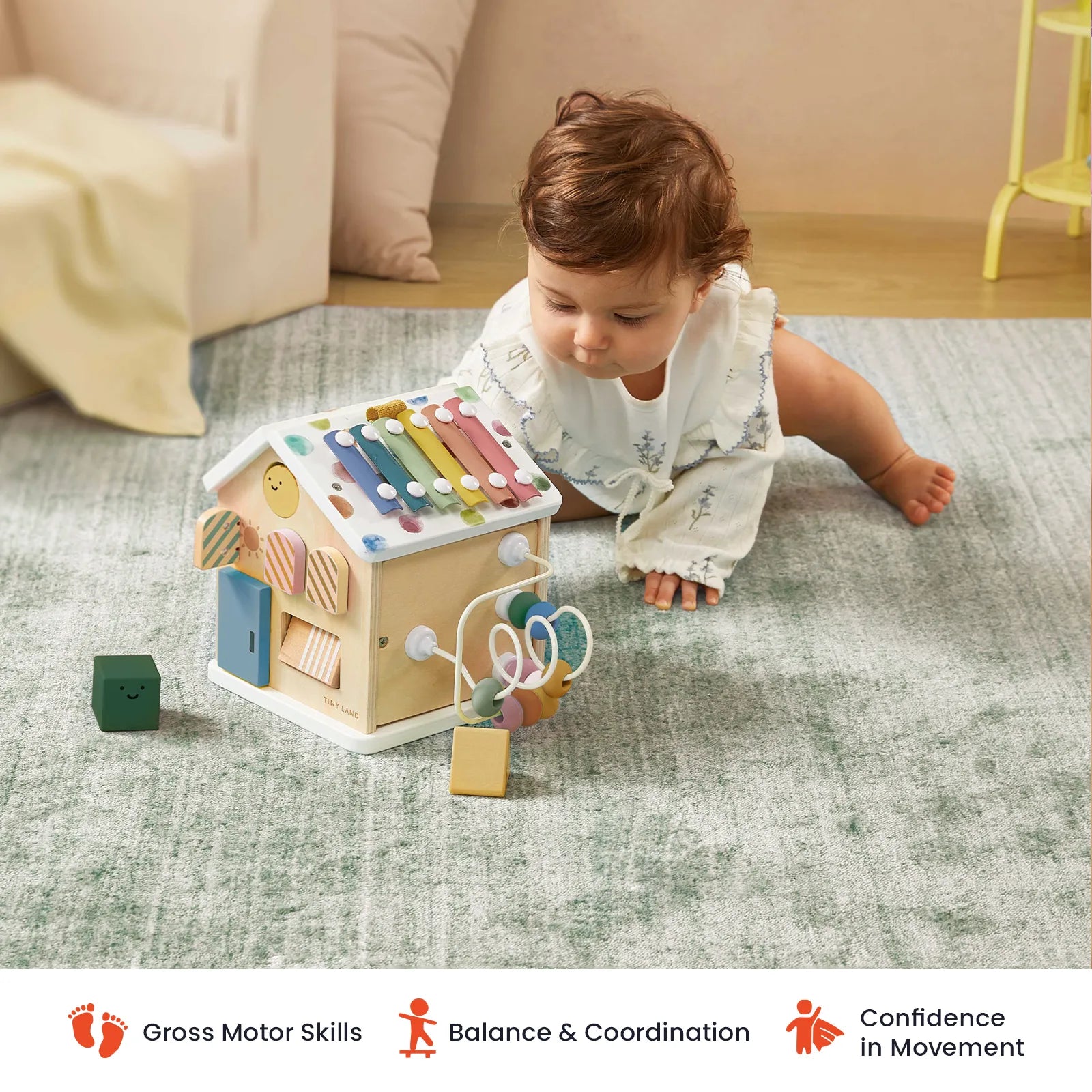 Tiny Land Cottage Activity Cube Morandi wooden baby toy with pastel beads and bead maze on Tampa Home & Garden Store
