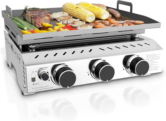 3 Burners Portable Propane Griddle，25 inch Stainless Steel Gas Grill，24,000 BTU Table Top Grill TG0130C