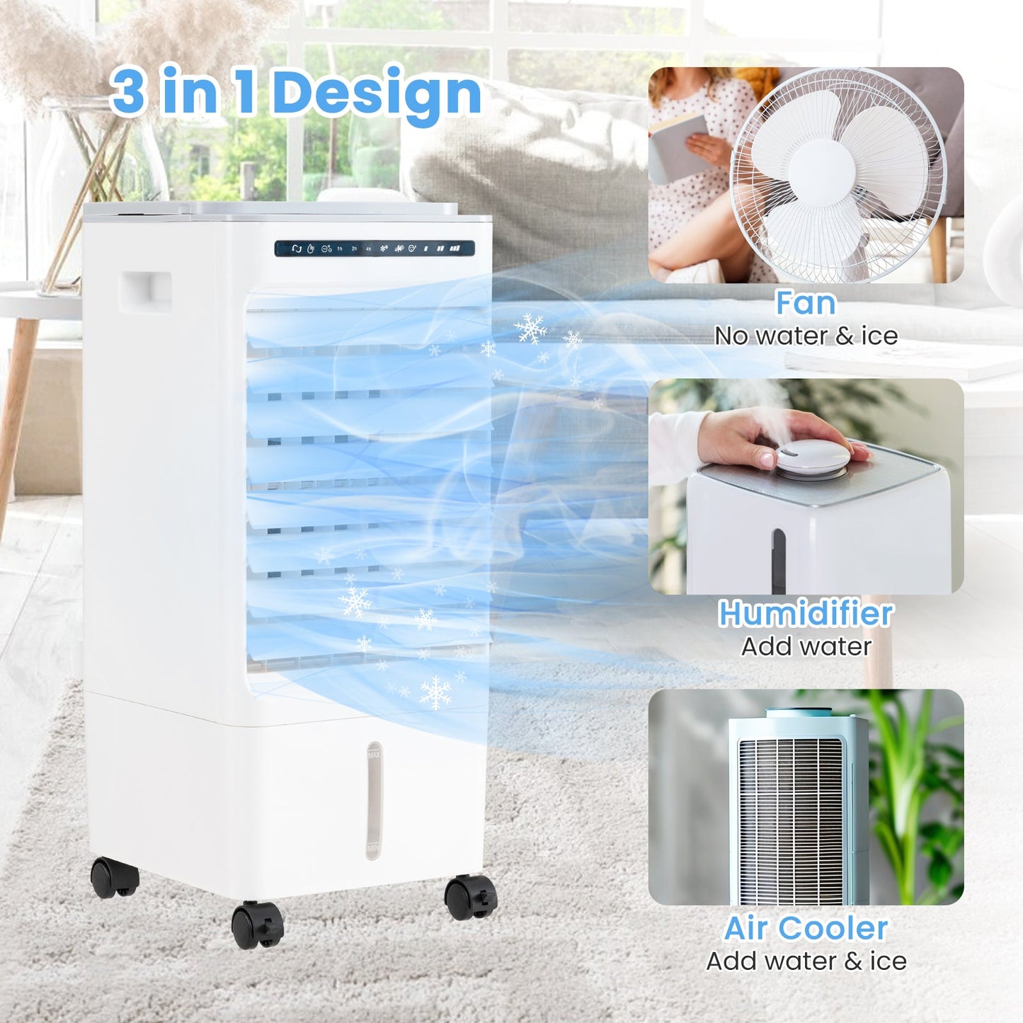 Enfriador de aire portátil evaporativo 3 en 1 con 3 modos y control remoto - Blanco