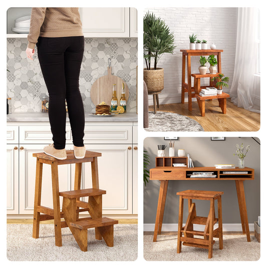 3-in-1 Rubber Wood Step Stool with Convenient Handle - Tampa Home & Garden Store