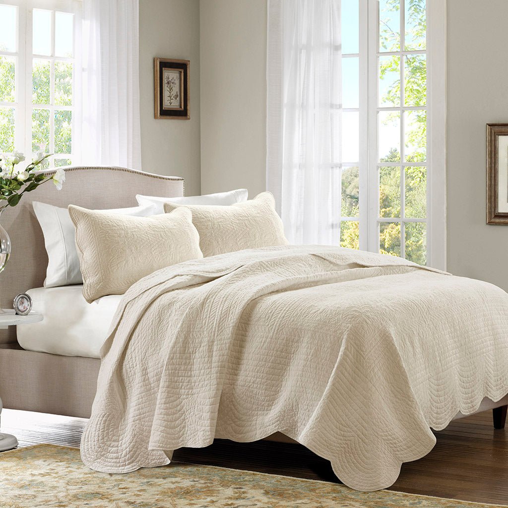 3 Pc Antimicrobial Cream Reversible Scalloped Edge Quilt Set HouseOfZazla cream quilt on bed on Tampa Home & Garden Store