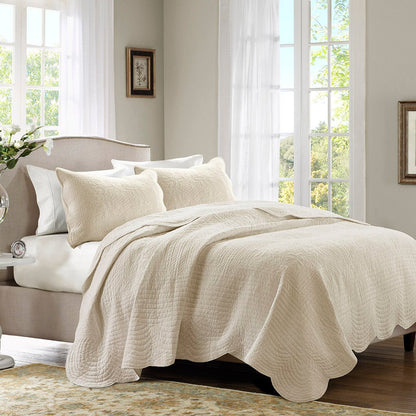 3 Pc Antimicrobial Cream Reversible Scalloped Edge Quilt Set HouseOfZazla cream quilt on bed on Tampa Home & Garden Store