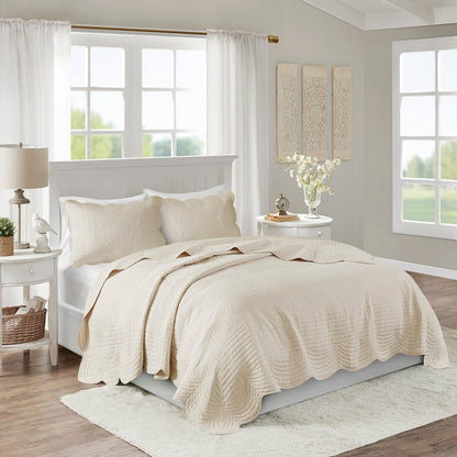 3 Pc Antimicrobial Cream Reversible Scalloped Quilt Set beige quilt with scalloped edge on Tampa Home & Garden Store